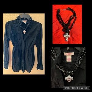 Bundle Deal! Candie’s Long Sleeve Button Down Top w/ 3 Layered Cross Necklace